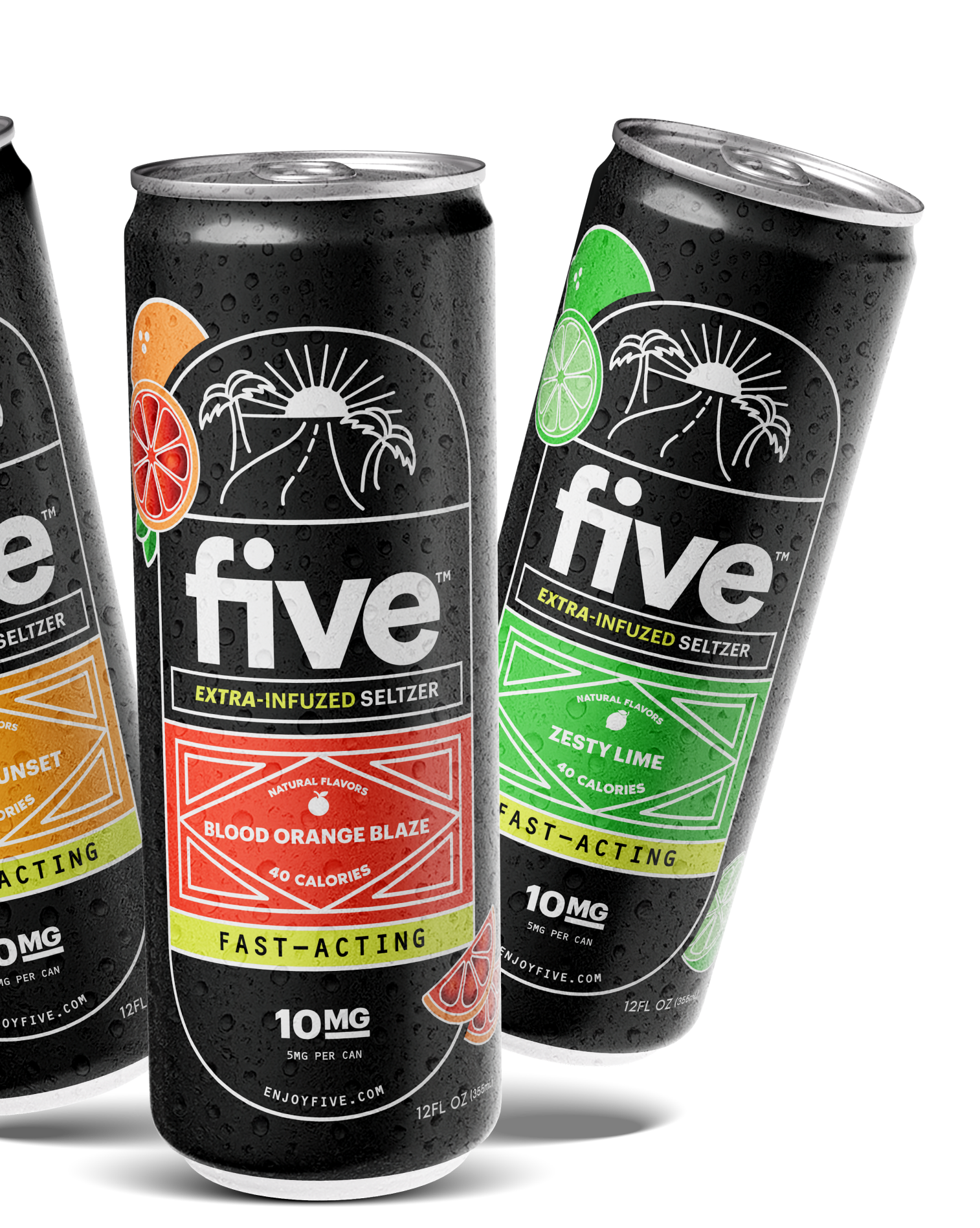 five cans - EXTRA-INFUZED SELTZER; BLOOD ORANGE BLAZE; ZESTY LIME; FAST-ACTING; 10MG; 40 CALORIES; ENJOYFIVE.COM