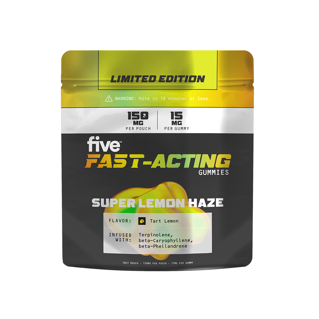 fast-acting gummies pouch — Super Lemon Haze flavor; 150 mg per pouch, 15 mg per gummy; Limited Edition.